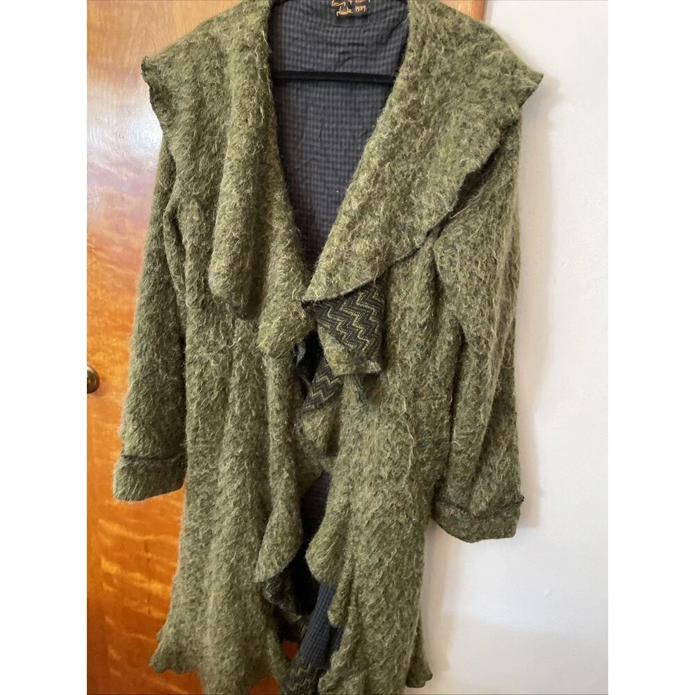 Ian Mosh Faux Mohair Sweater Ruffle Bohemian Festival Long Coat M/L Green Fairy